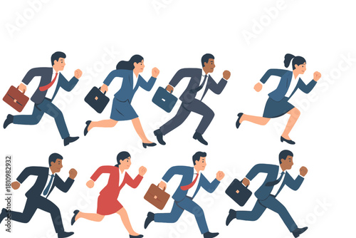 Diverse business professionals running in a hurry holding briefcases symbolizing competition and urgency