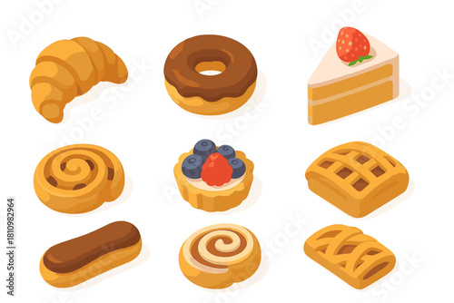 Isometric sweet pastries collection including croissant, donut, cake, and berry tart