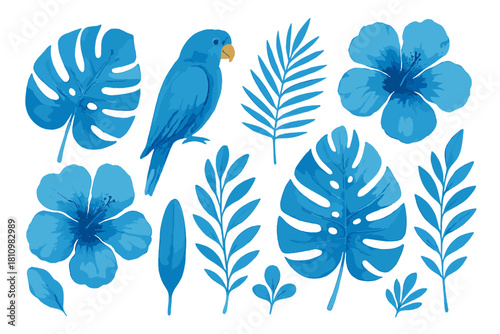 Tropical blue watercolor parrot, hibiscus flowers, and exotic palm leaves collection