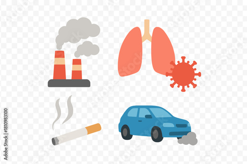Air pollution sources and respiratory health risks from factory smoke, car exhaust, cigarette, lungs, and virus