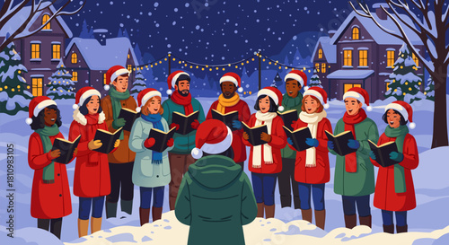 Christmas Carolers Singing Joyfully in a Snowy Village on a Starry Night d