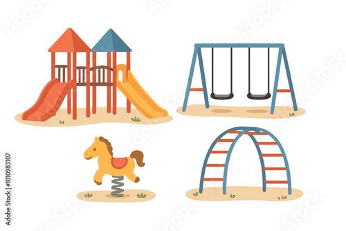 Set of essential children's playground equipment featuring slides, swings, rocker, and monkey bars
