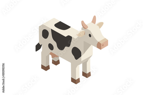 Cute isometric spotted dairy cow standing isolated on a clean white background