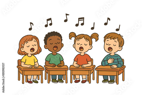 Diverse group of elementary school students singing together in a classroom music lesson