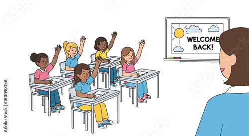 Diverse group of enthusiastic students raising hands in a classroom with a welcome back message on the whiteboard