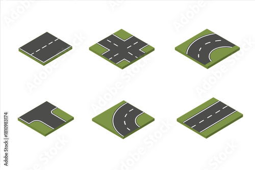 Isometric road segments and junctions set for urban planning and transportation maps