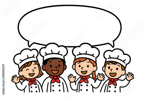 Cheerful diverse children chefs waving hands and smiling under a large blank speech bubble