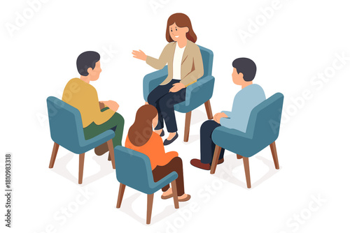 Isometric group discussion session with four people seated in comfortable chairs