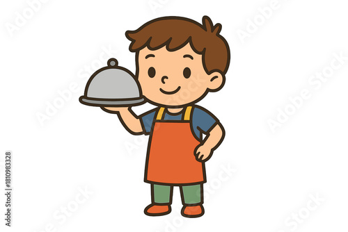 Cheerful young boy in orange apron presenting a covered silver serving platter