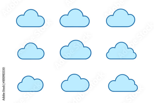 Nine stylized blue cloud shapes for weather forecast and digital interface design