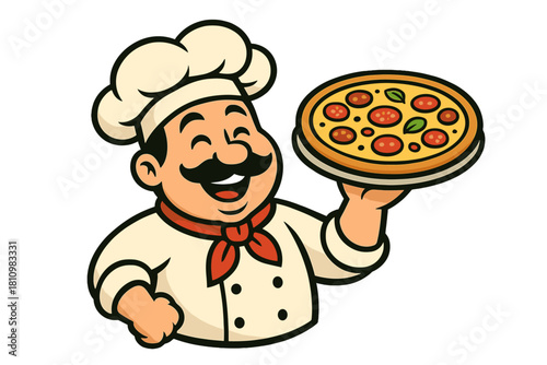Smiling cartoon chef holding and presenting a whole pepperoni pizza pie on a serving tray