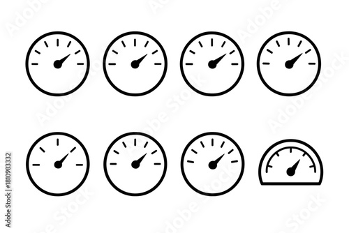 Set of dashboard gauges and speedometers showing performance levels