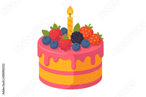Colorful birthday cake with pink dripping icing and fresh mixed berries topped with a lit candle