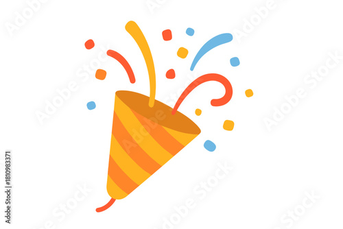 Festive striped party popper bursting with colorful confetti and streamers