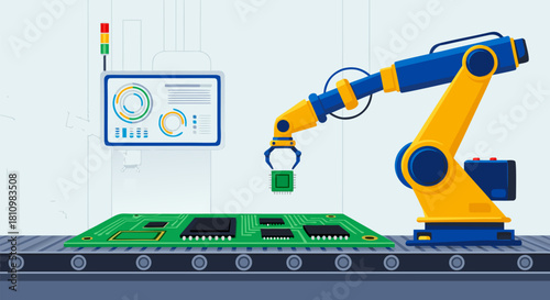 Industrial robotic arm assembling an electronic circuit board on a production conveyor belt, a vector illustration of smart factory automation