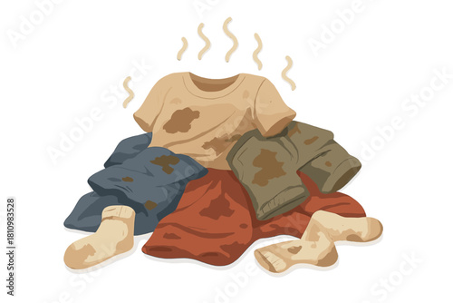 Large pile of smelly dirty laundry needing washing with visible stains and odor lines