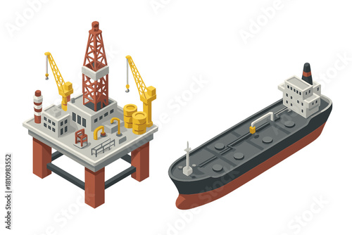 Isometric offshore oil drilling platform and large crude oil tanker ship transportation