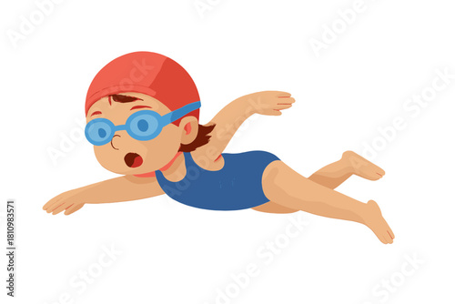 Cute cartoon child swimmer performing the crawl stroke wearing goggles and cap