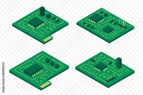 Four isometric microchip designs with electronic components and circuit pathways on green boards