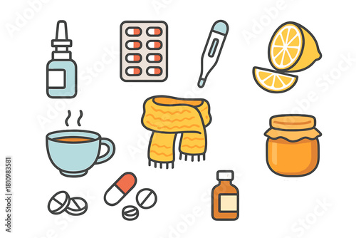 Collection of Essential Items and Natural Remedies for Cold and Flu Symptoms