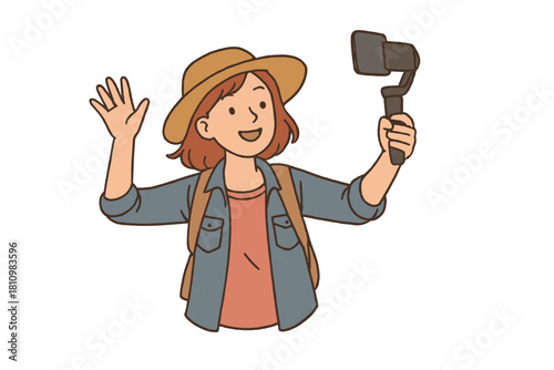 Happy young traveler recording video content while waving hello to the audience