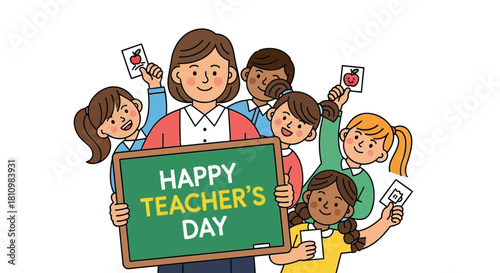 Joyful diverse students celebrate their teacher with a green chalkboard displaying happy teacher s day greetings