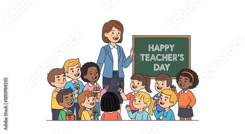 Happy teacher s day celebration with diverse children presenting gifts and flowers to their beloved teacher