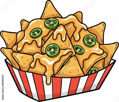 Delicious cheesy nachos with jalapeño slices in a red striped container