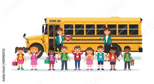 Diverse group of happy elementary school children and teachers standing in front of a bright yellow school bus ready for a fun day