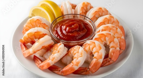 Shrimp cocktail platter with cocktail sauce and lemon wedges