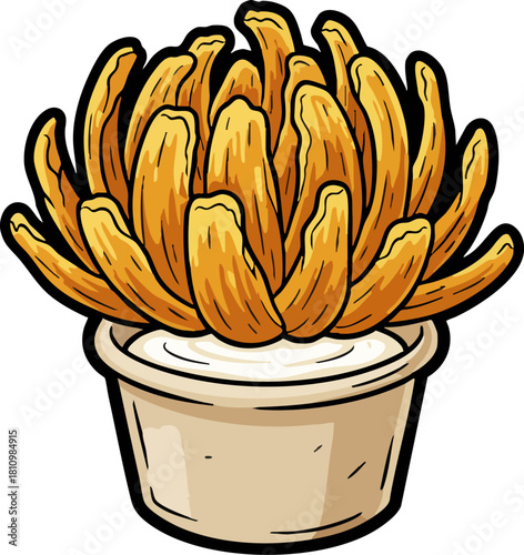 Crispy blooming onion appetizer with dipping sauce illustration