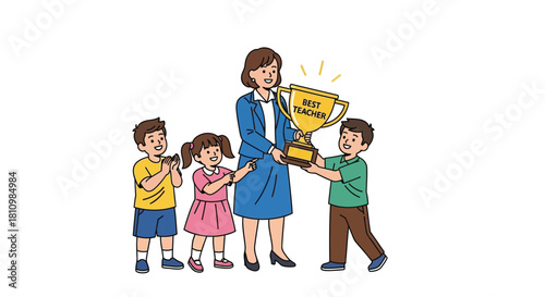 Students proudly present a golden best teacher award trophy to their smiling educator in a heartwarming classroom celebration