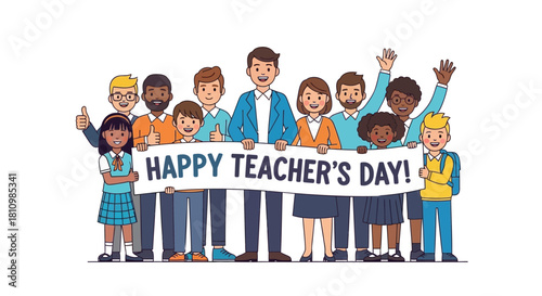 Diverse group of smiling students and teachers holding a banner celebrating happy teacher s day with enthusiasm