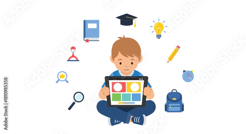 A young boy uses a tablet surrounded by educational icons representing learning and knowledge acquisition