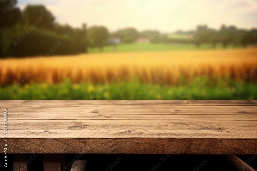 Fototapeta premium Rustic wooden table with blurred wheat field backdrop