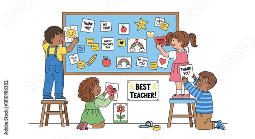 Children decorate a bulletin board with thank you notes and drawings for teacher appreciation day