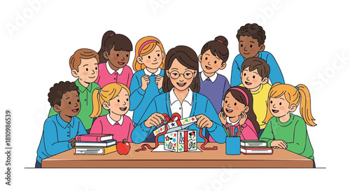 Joyful teacher and diverse students excitedly unwrapping a gift box filled with school supplies and decorations
