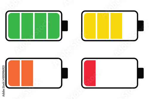 Battery charge icon set. Battery level indicators.  low to full battery level status indicator with charging symbol for mobile app, ui, and other design. 