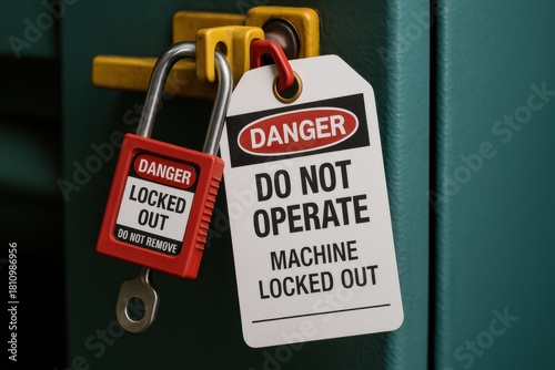 Serious close up of red danger padlock and safety tag for machine lockout protocol. vital factory procedure preventing operation during shutdown for maintenance