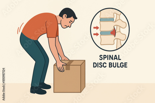 Man with improper lifting posture and rounded back feels strain and pain. This wrong technique can cause spinal disc bulge injury, diagram shows human spine pressure