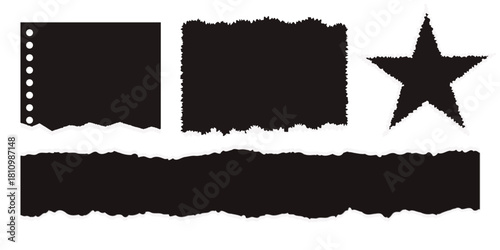 Torn paper set with ripped edge on transparent bg, realistic black ragged paper strips and scrap for notes, message and banner, blank note pages.