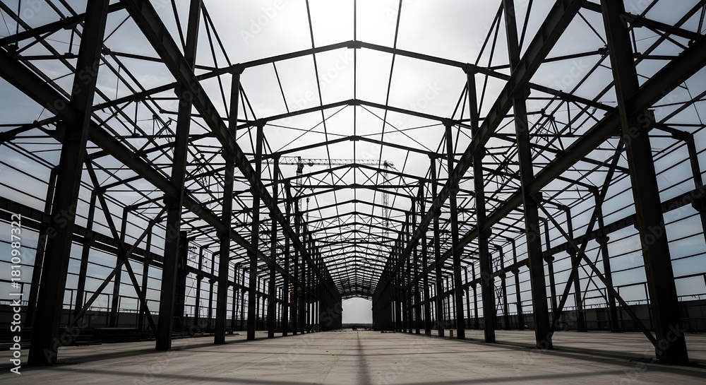 Fototapeta premium A vast empty metal framework of an unfinished building is silhouetted against a bright sky leading into the distance.