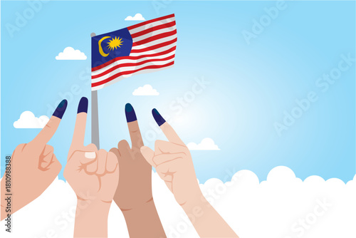 Vector illustration of Malaysia General Election Day Concept. Voter fingers with blue ink marked on nail