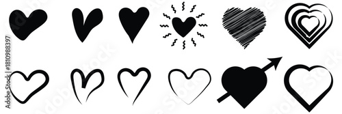 Hand drawn heart icons set, love and romance doodles vector design on transparent background. pink hand drawn hearts. unique heart various styles and shapes. Pink hearts doodle artistic set