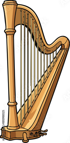 Elegant wooden harp musical instrument isolated on white background