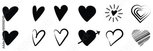 Hand drawn heart icons set, love and romance doodles vector design on transparent background. pink hand drawn hearts. unique heart various styles and shapes. Pink hearts doodle artistic set