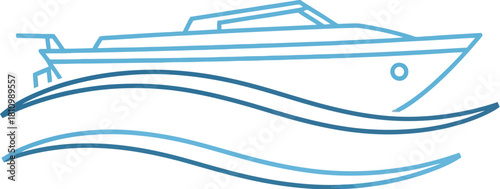 Minimalist boat logo design sailing on blue waves against a white background