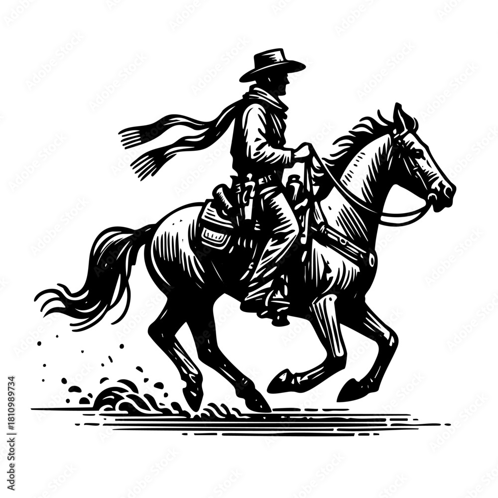 Obraz premium A man in a cowboy hat rides a horse. The horse is galloping and the man is holding a rope