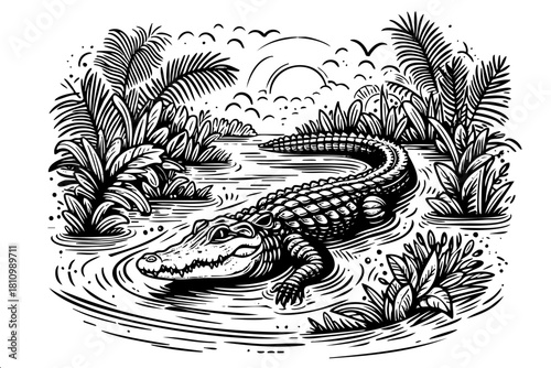 A black and white drawing of a crocodile in a river. The drawing is of a crocodile swimming in a river with a sunset in the background