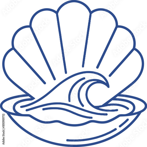 Seashell with a wave inside in blue tones on a white background simple design